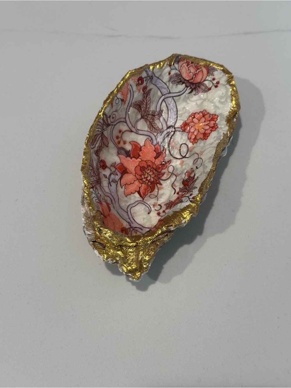Decoupage Oyster Shell Trinket Dish Chinoiserie Floral Jewelry Ring Holder